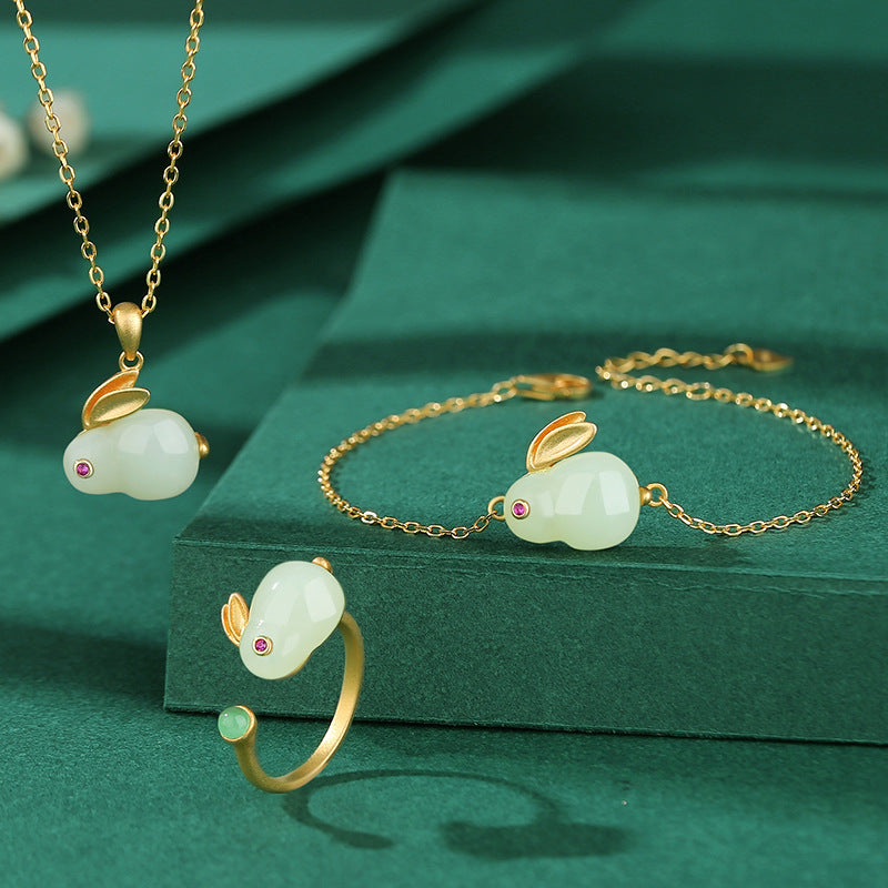 Bracelet Lapin en Jade – Sagesse, Argent Plaqué Or