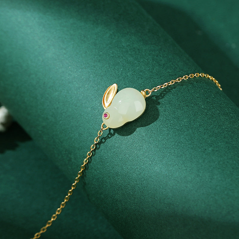 Bracelet Lapin en Jade – Sagesse, Argent Plaqué Or