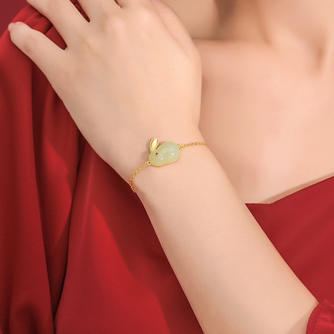 Bracelet Lapin en Jade – Sagesse, Argent Plaqué Or