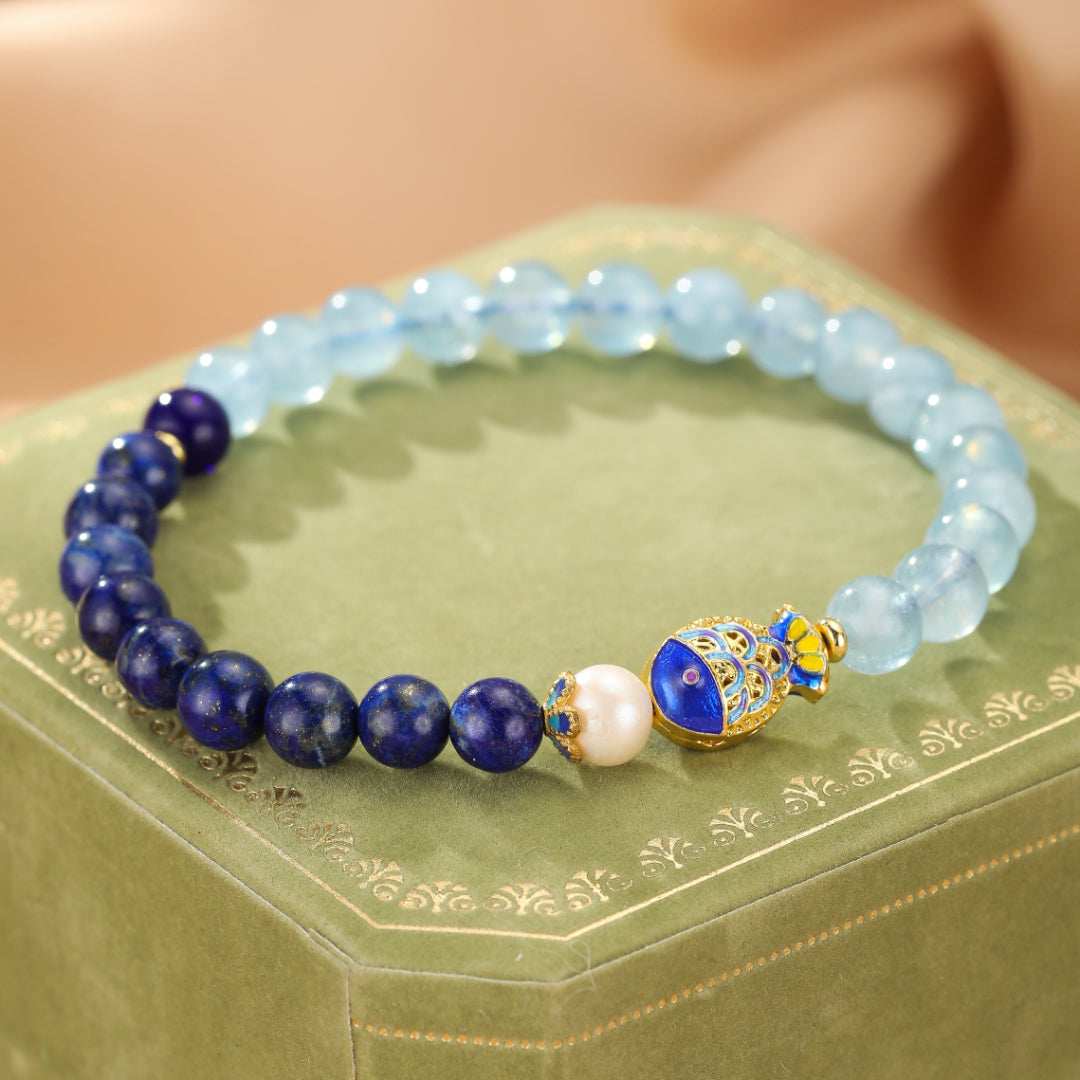 Lapis Lazuli and Aquamarine Bracelet - Fish of Happiness