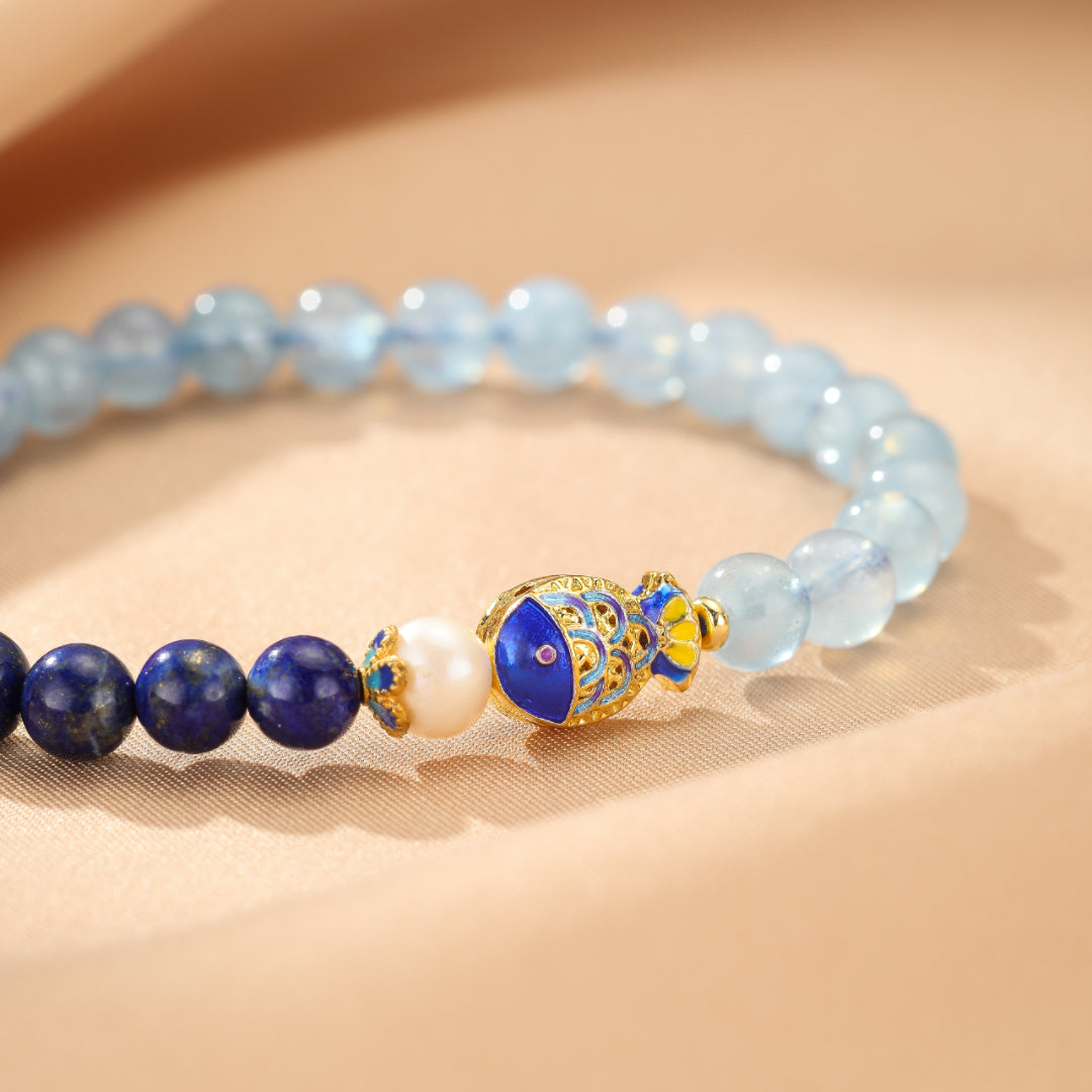 Lapis Lazuli and Aquamarine Bracelet - Fish of Happiness