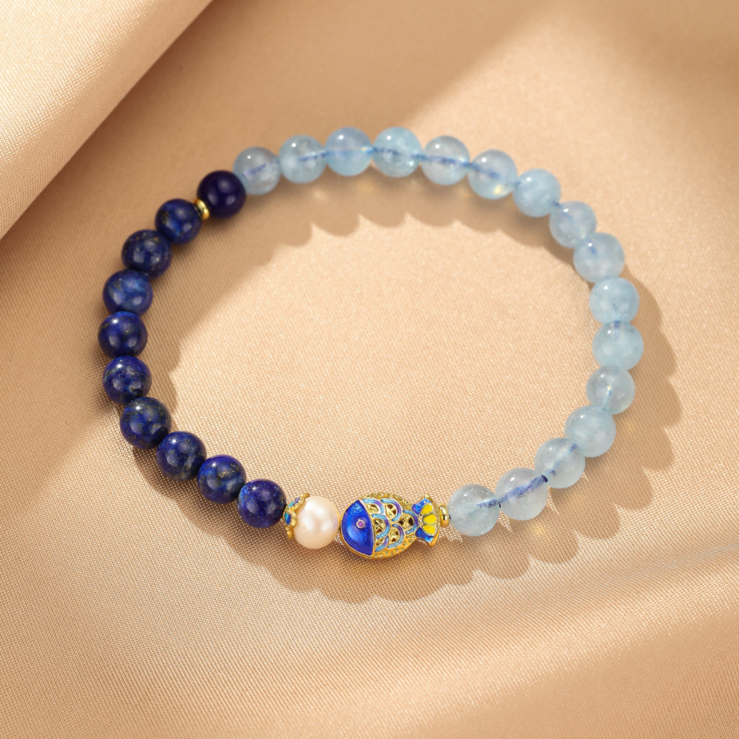 Lapis Lazuli and Aquamarine Bracelet - Fish of Happiness