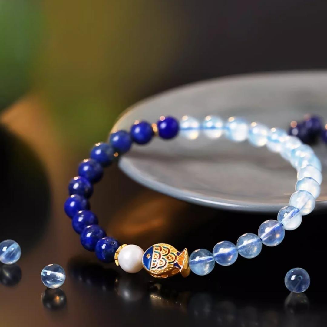 Lapis Lazuli and Aquamarine Bracelet -- Fish of Happiness