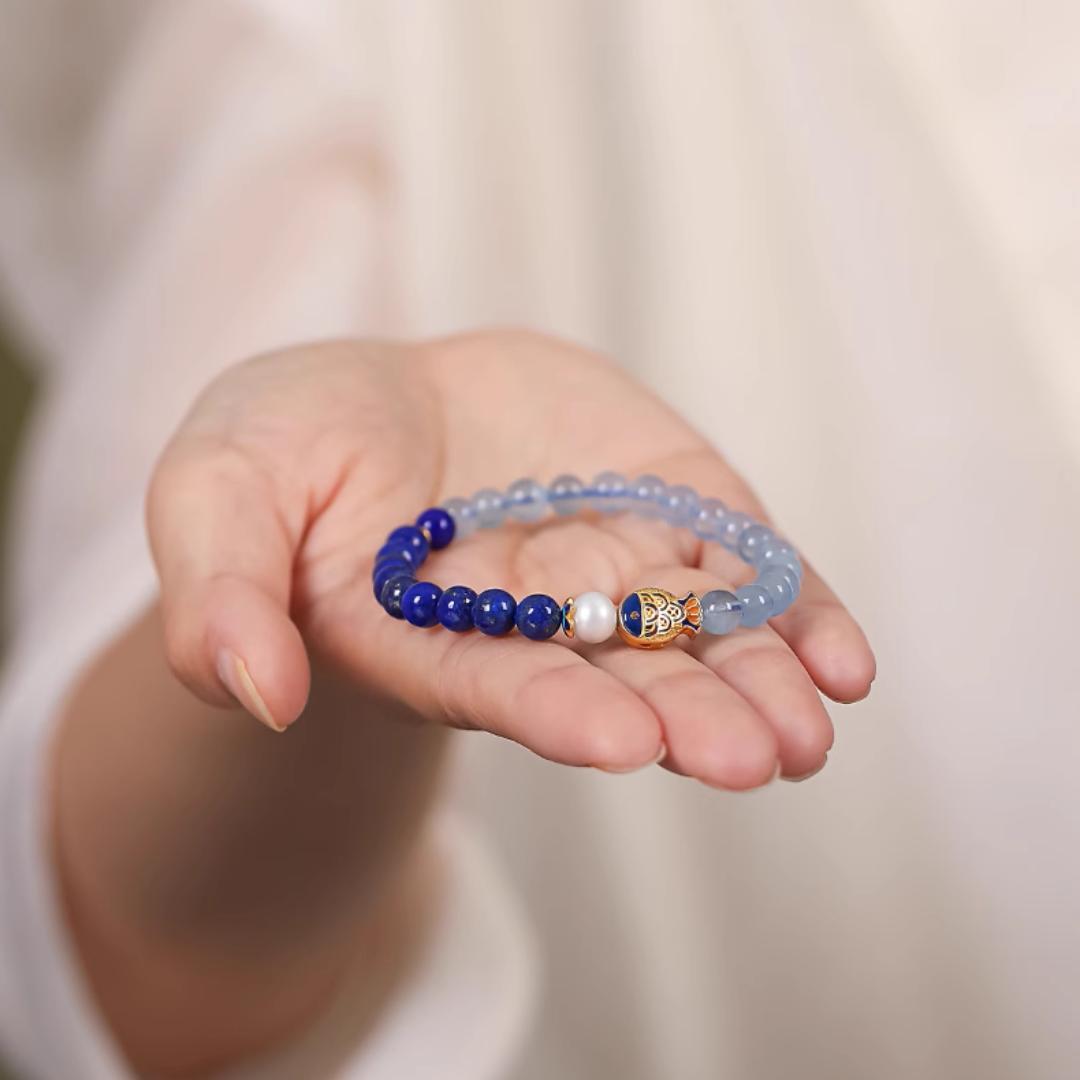 Lapis Lazuli and Aquamarine Bracelet -- Fish of Happiness