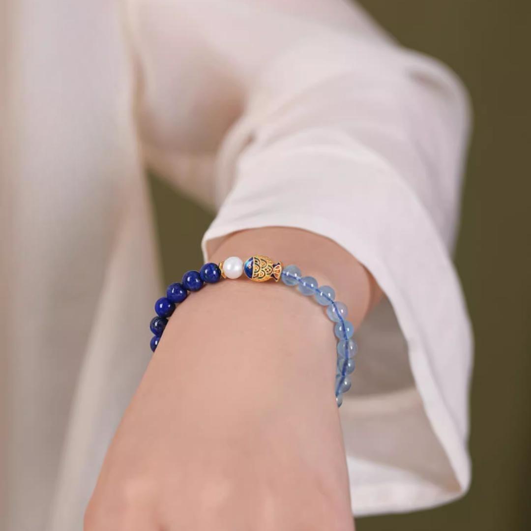 Lapis Lazuli and Aquamarine Bracelet -- Fish of Happiness