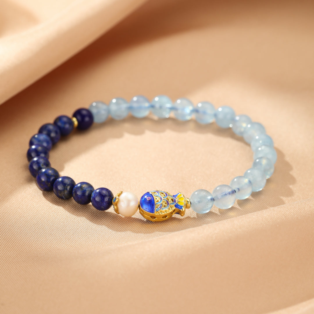 Lapis Lazuli and Aquamarine Bracelet - Fish of Happiness