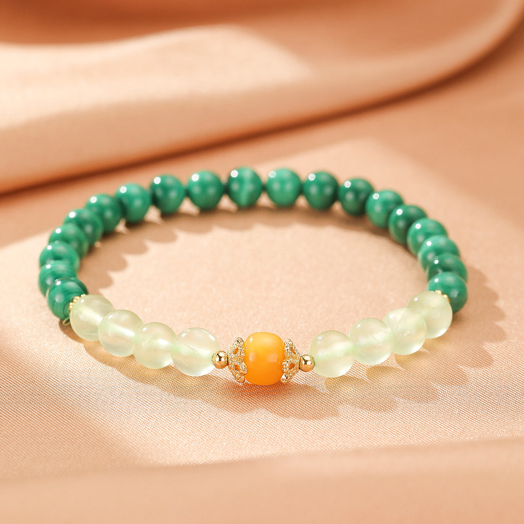 Bracelet Malachite, Préhnite et Ambre – Harmonie des Énergies