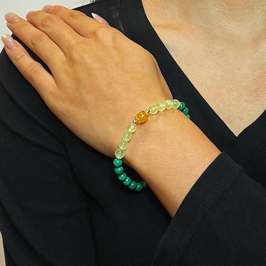 Bracelet Malachite, Préhnite et Ambre – Harmonie des Énergies