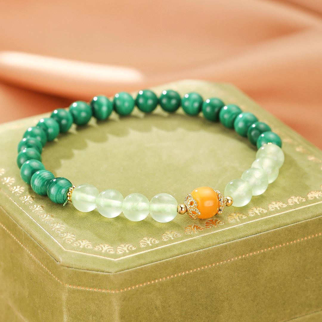 Bracelet Malachite, Préhnite et Ambre – Harmonie des Énergies