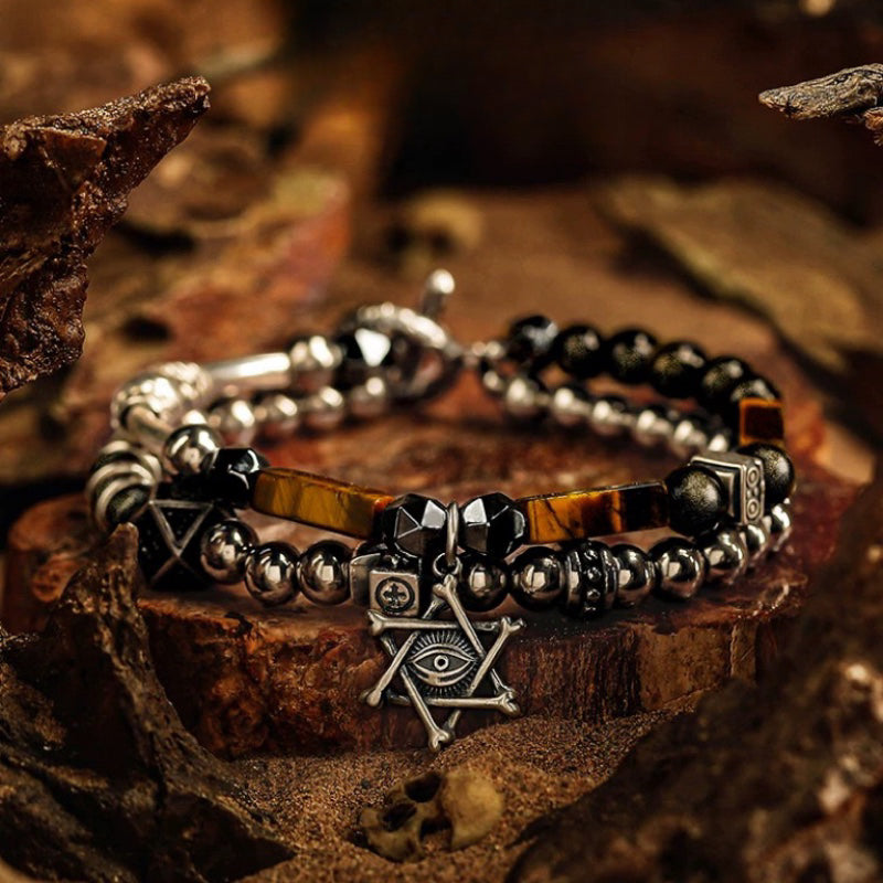 Bracelet Mauvais Œil en Œil de Tigre et Obsidienne – Puissance, Argent