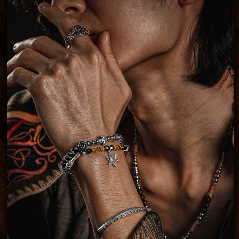 Bracelet Mauvais Œil en Œil de Tigre et Obsidienne – Puissance, Argent