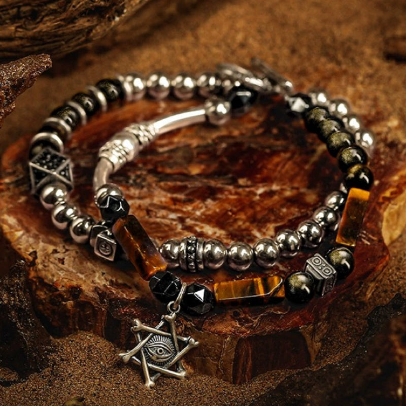 Bracelet Mauvais Œil en Œil de Tigre et Obsidienne – Puissance, Argent