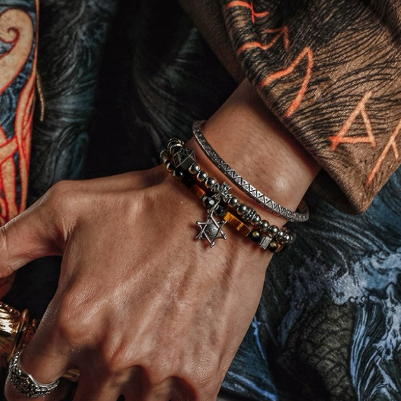 Bracelet Mauvais Œil en Œil de Tigre et Obsidienne – Puissance, Argent