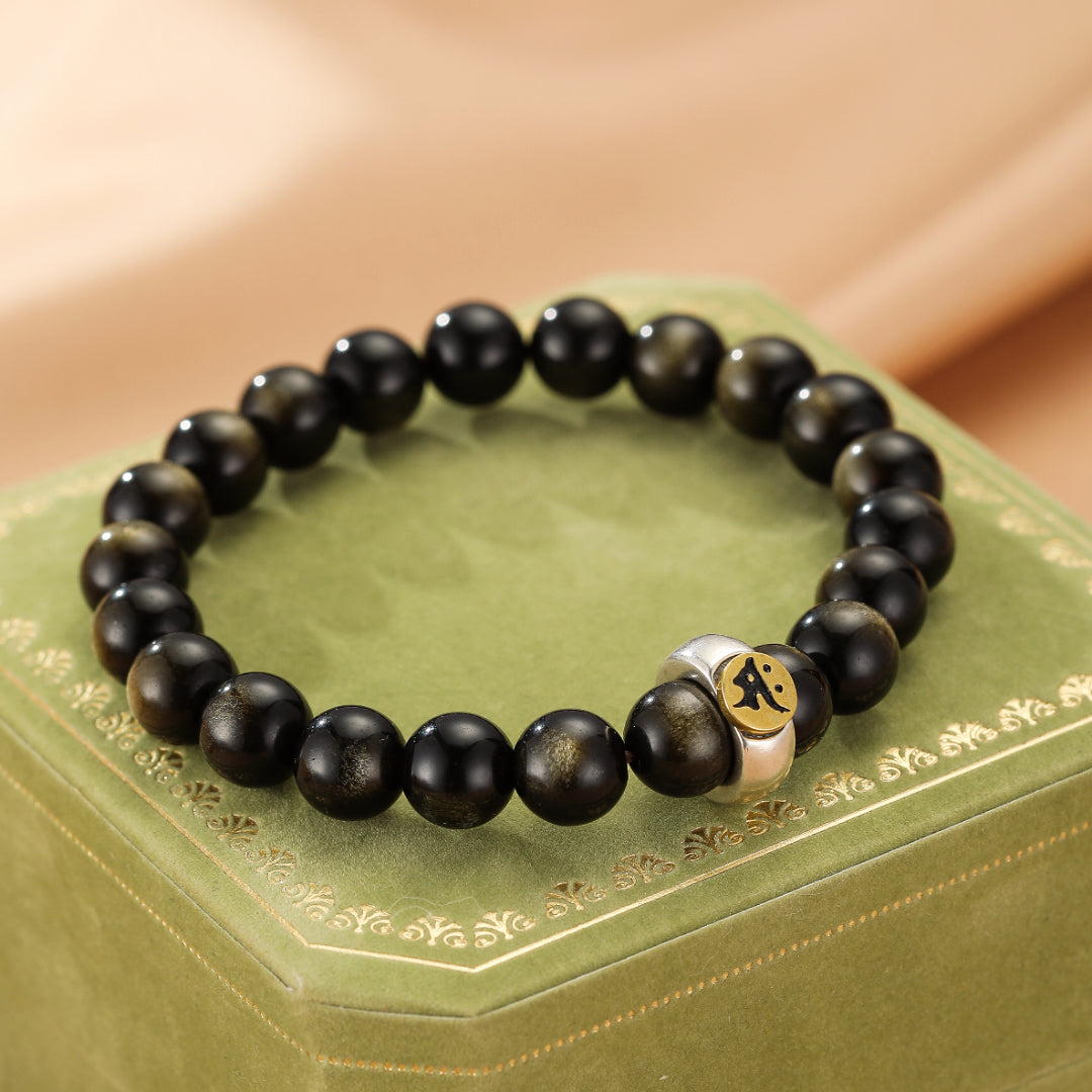 Bracelet Obsidienne Cheval/Coq – Force Intérieure, Argent