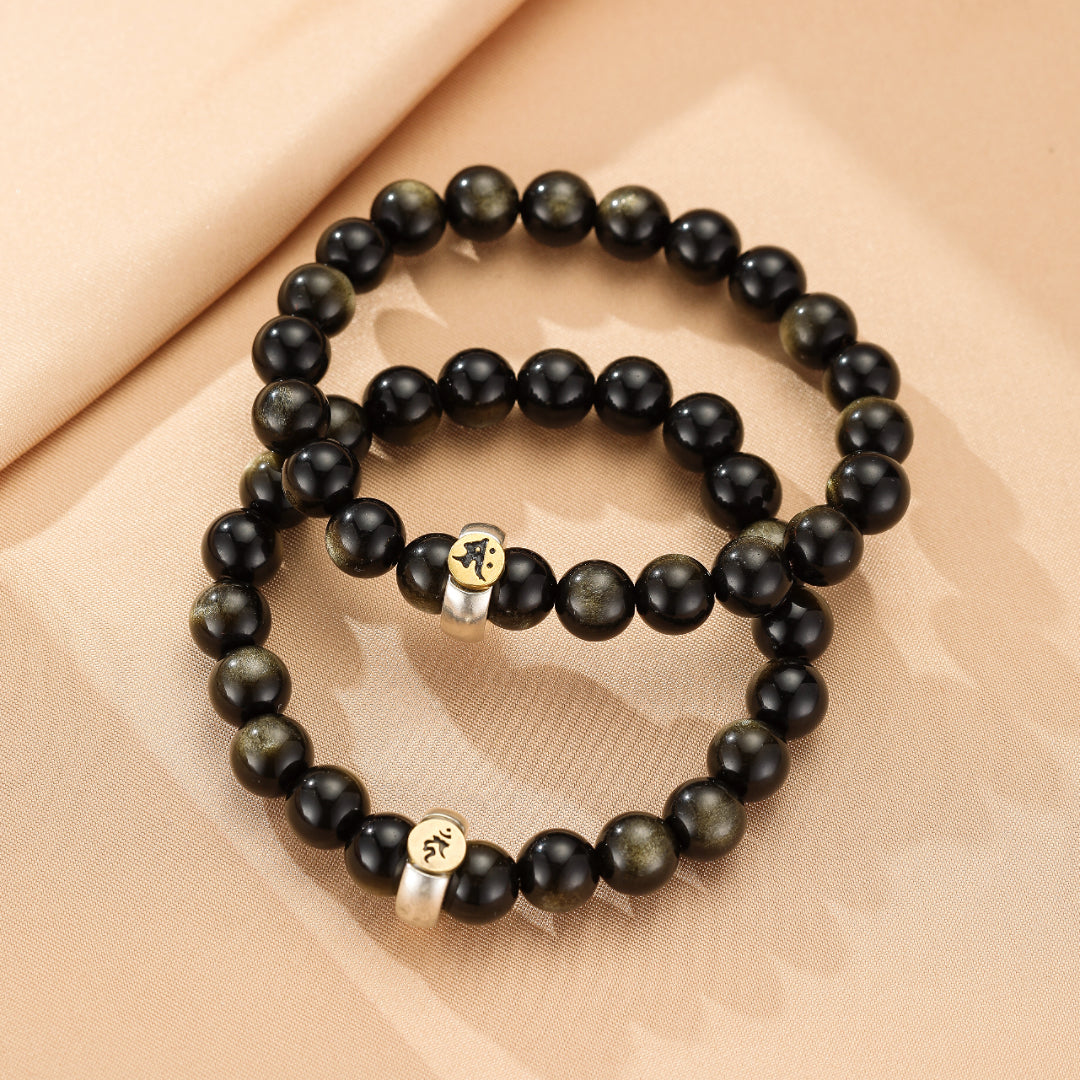 Bracelet Obsidienne Cheval/Coq – Force Intérieure, Argent