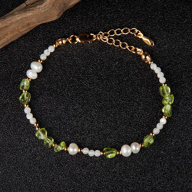 Bracelet Péridot, Perles et Nacre – Gouttes Solaires, Argent Plaqué Or