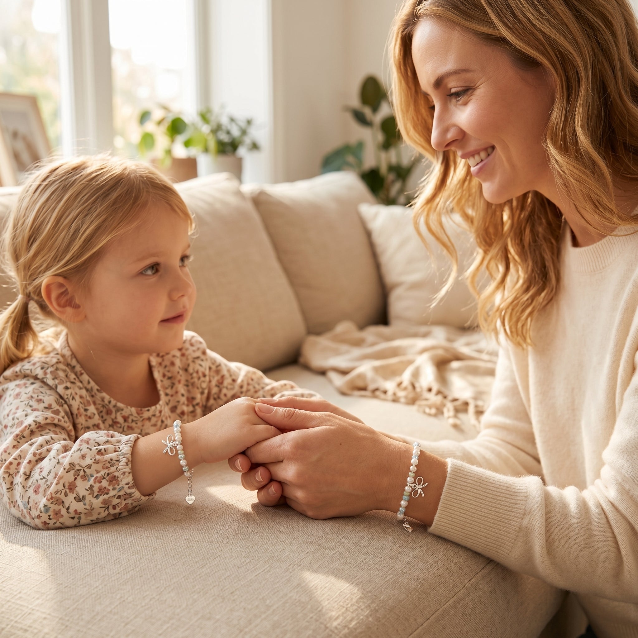 Une mère et sa fille se tenant la main, chacune portant un bracelet orné de perles, d'un cristal de roche et d'une céramique "Danse des Ombres" en argent.