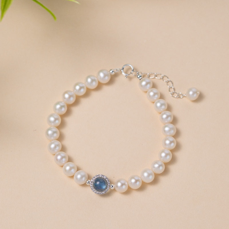 Bracelet Perle et Aigue Marine – Harmonie Océanique, Argent