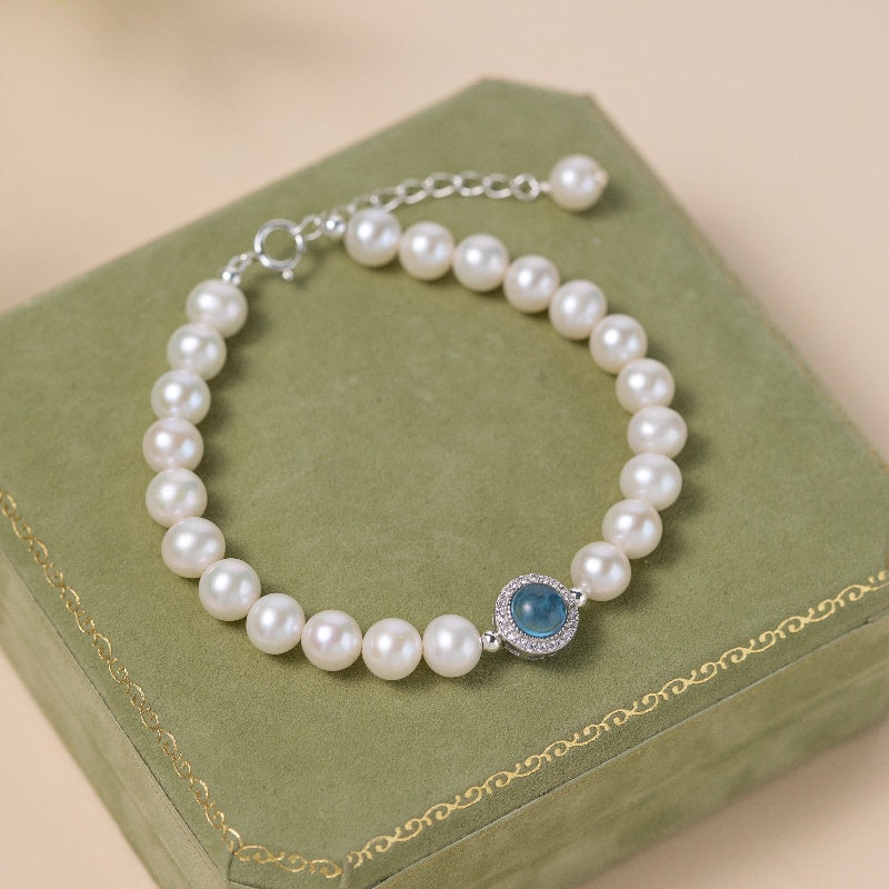 Bracelet Perle et Aigue Marine – Harmonie Océanique, Argent