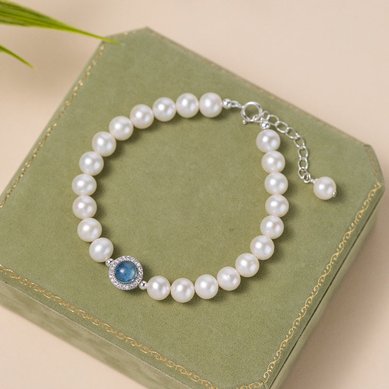 Bracelet Perle et Aigue Marine – Harmonie Océanique, Argent