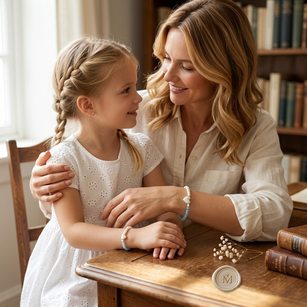 Une femme et une petite fille, portant des bracelets assortis "Lien Paisible" en perles et aigue-marine, partagent un moment tendre.