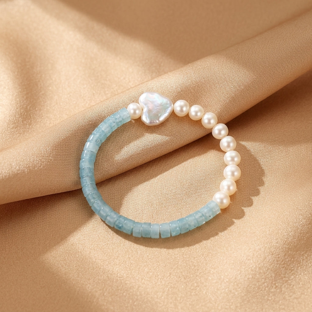 Bracelet "Lien Paisible" en argent avec perles blanches, aigue-marine bleue et un pendentif en forme de cœur nacré.