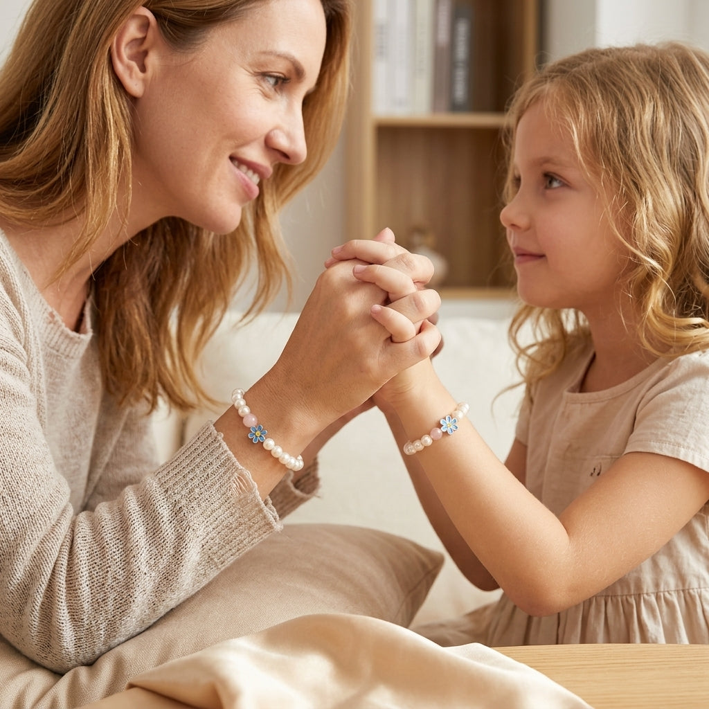 Une mère et sa fille se tenant la main, portant chacune un bracelet en perles et quartz rose avec un pendentif en forme de fleur bleue.