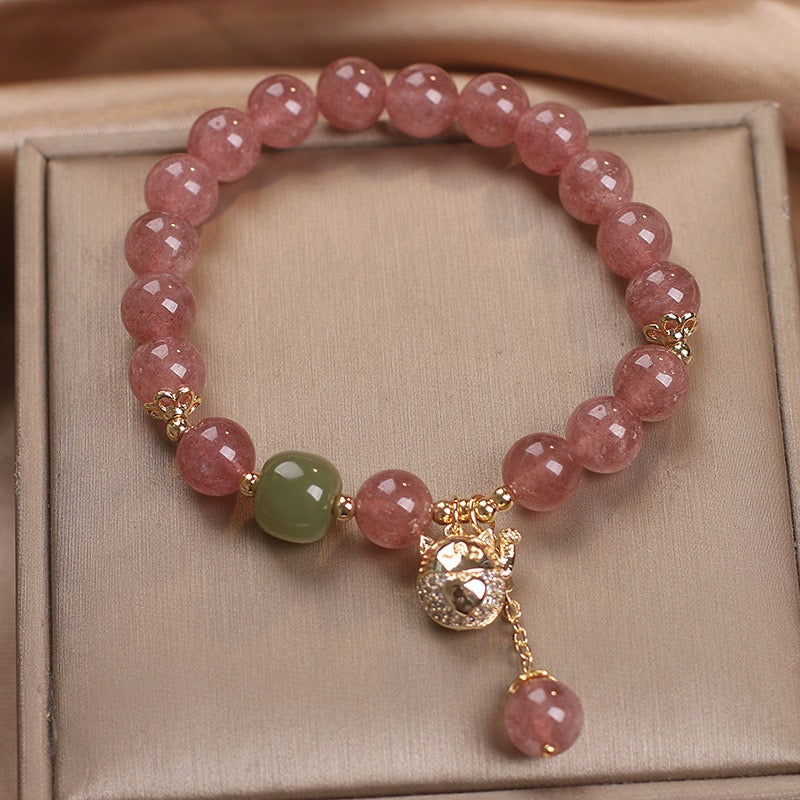 Bracelet Quartz Fraise – Maneki-neko, Argent Plaqué Or