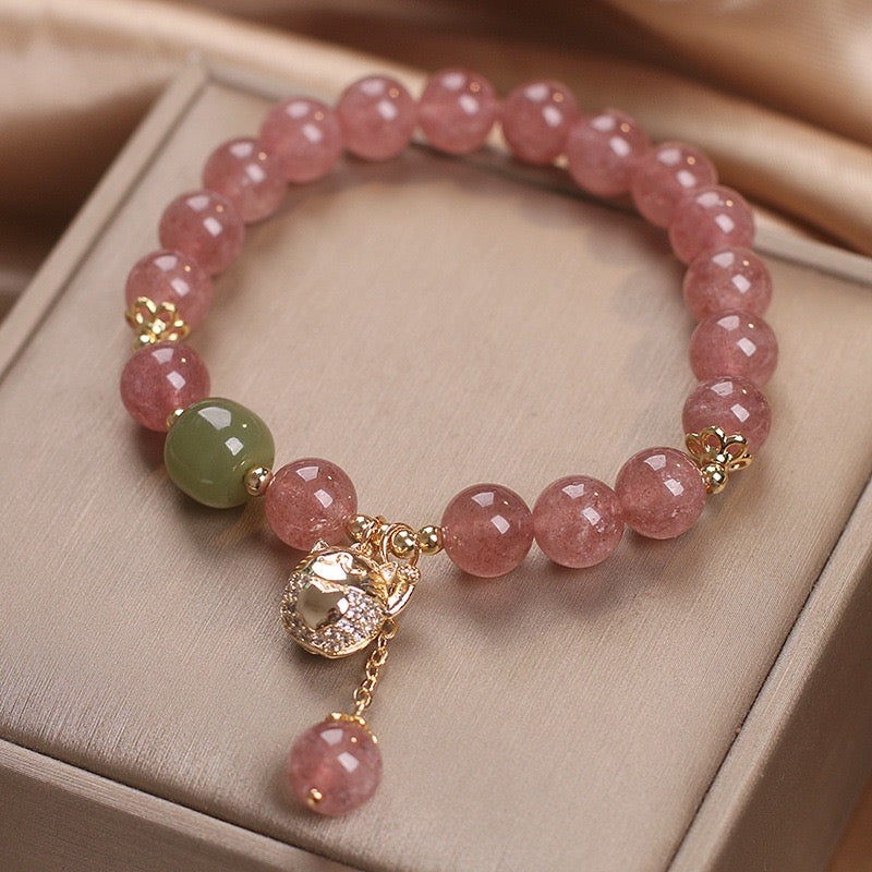 Bracelet Quartz Fraise – Maneki-neko, Argent Plaqué Or