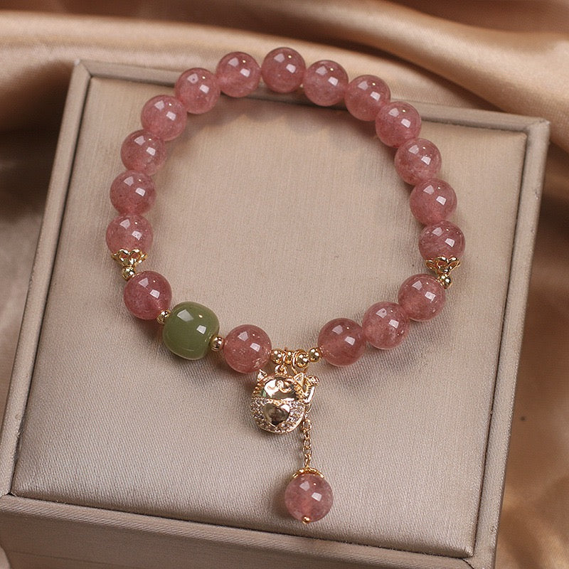 Bracelet Quartz Fraise – Maneki-neko, Argent Plaqué Or