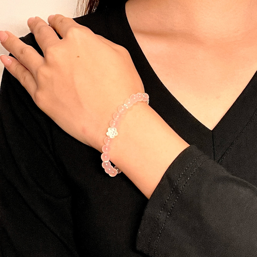 Rose Quartz Bracelet – Sakura Flower, Silver