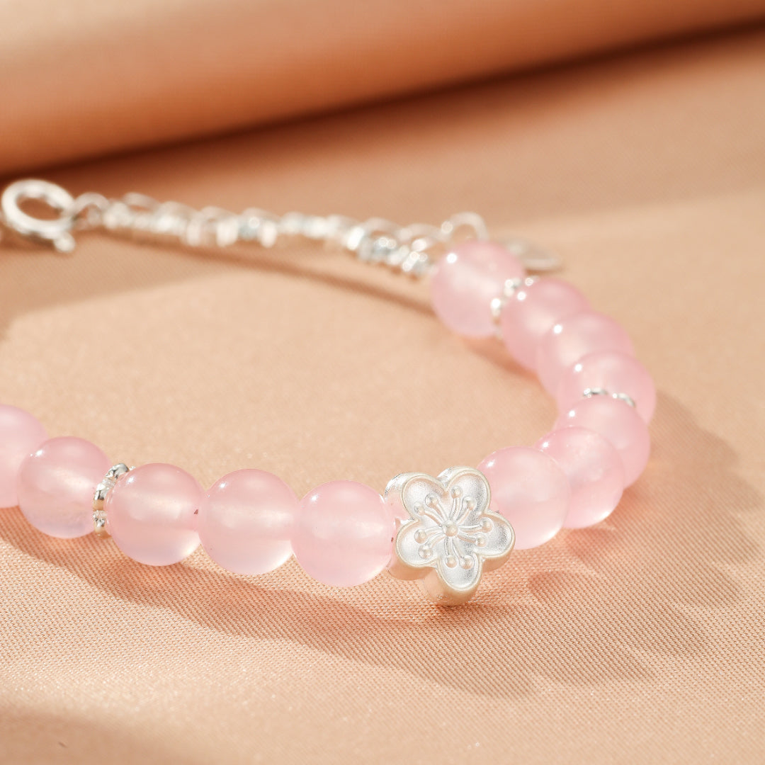 Rose Quartz Bracelet – Sakura Flower, Silver