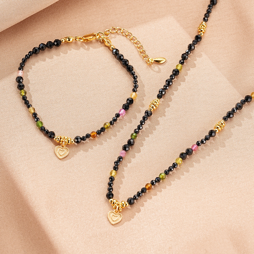 Bijoux Bracelet Tourmaline et Spinelle Noire – Talisman du Cœur, Argent Plaqué Or