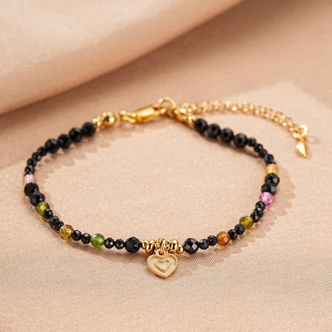 Bijoux Bracelet Tourmaline et Spinelle Noire – Talisman du Cœur, Argent Plaqué Or