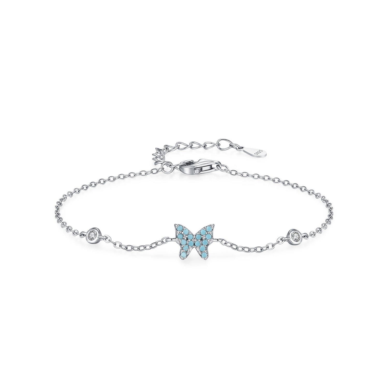 Bracelet en argent avec un motif de papillon bleu turquoise serti de petites pierres et deux cristaux scintillants de chaque côté.