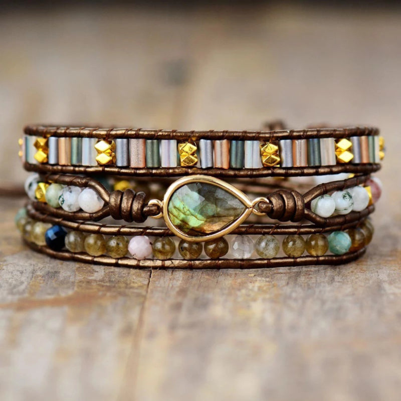 Bracelet Wrap Labradorite – Radiance Naturelle, Cuir