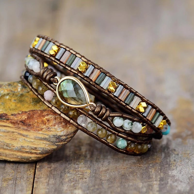 Bracelet Wrap Labradorite – Radiance Naturelle, Cuir