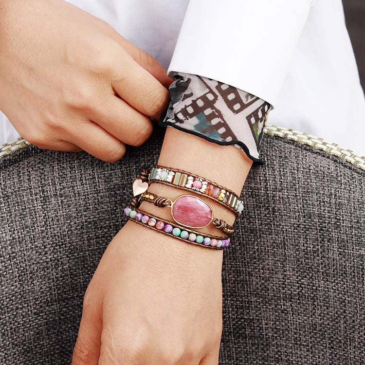 'Vitality' Wrap Bracelet in Rhodochrosite and Jasper