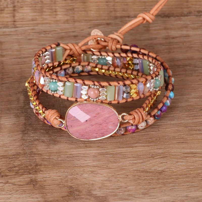 Bracelet Wrap 'Vitalité' en Rhodochrosite et Jaspe