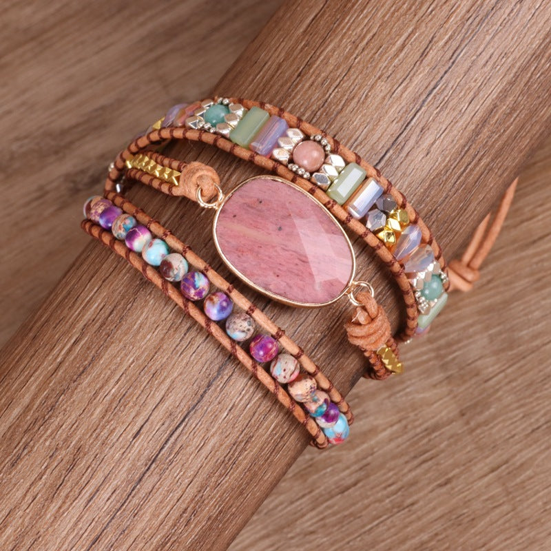 Bracelet Wrap 'Vitalité' en Rhodochrosite et Jaspe