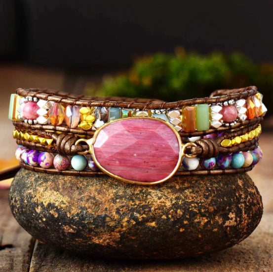 Bracelet Wrap 'Vitalité' en Rhodochrosite et Jaspe