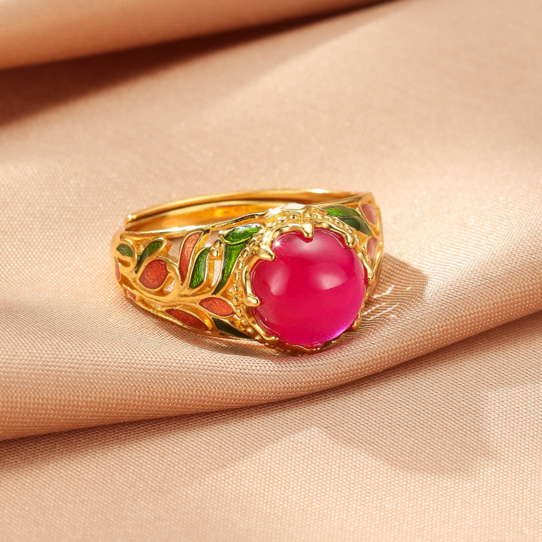 Bague Cornaline – Feuillage Impérial, Argent Émaillé