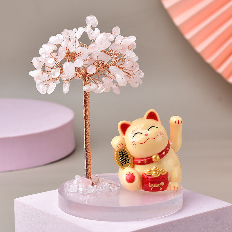 Luck - Natural Stone Tree of Life with Maneki-neko Cat