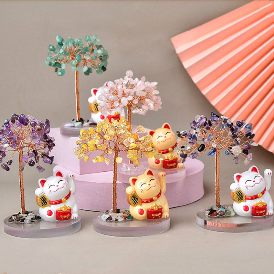 Chance - Arbre de Vie en Pierres Naturelles avec Chat Maneki-neko