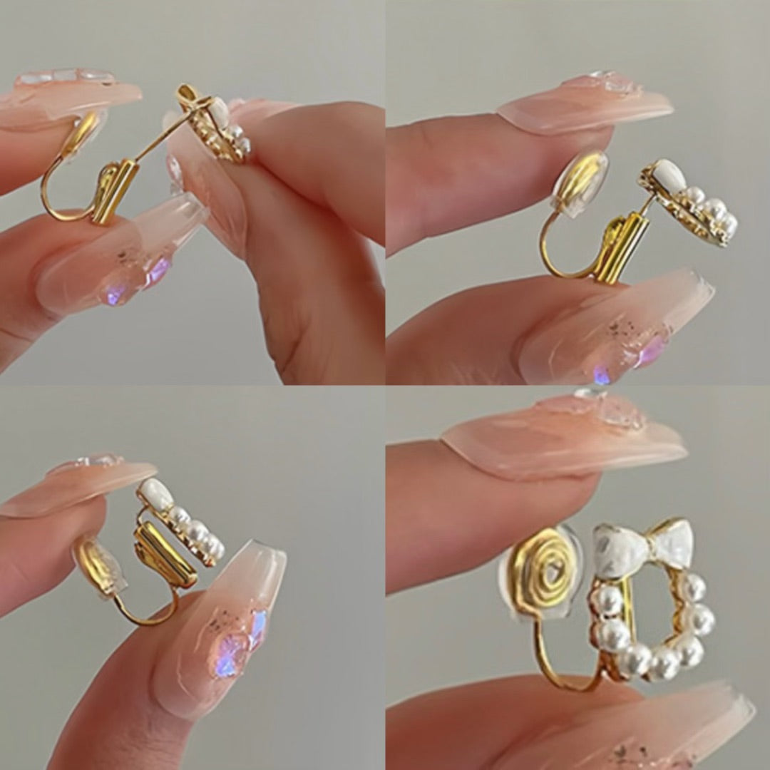 Bijoux de cheveux élégants pour clips d'oreilles, montrant des clips dorés avec des perles blanches et un nœud décoratif.