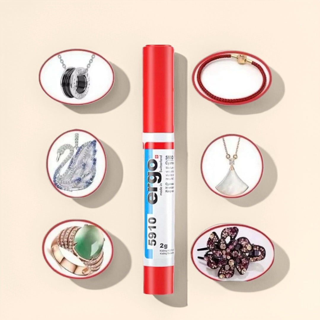 Tube de colle à bijouterie "Colle Bijouterie Précision" de la marque ergo, entouré de bijoux tels qu'un collier, un bracelet, une bague, une broche, un pendentif et une barrette.
