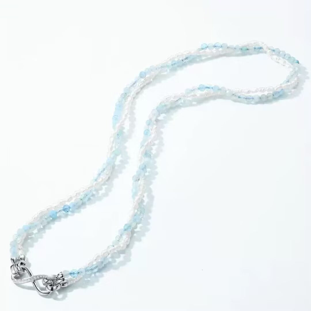 Aquamarine and Pearl Necklace – Polar Softness, Platinum-Plated 925 Sterling Silver