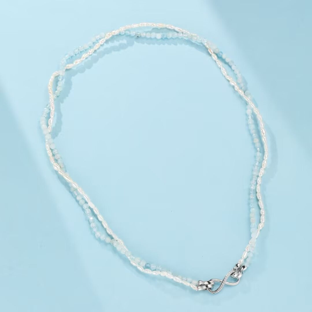 Aquamarine and Pearl Necklace – Polar Softness, Platinum-Plated 925 Sterling Silver