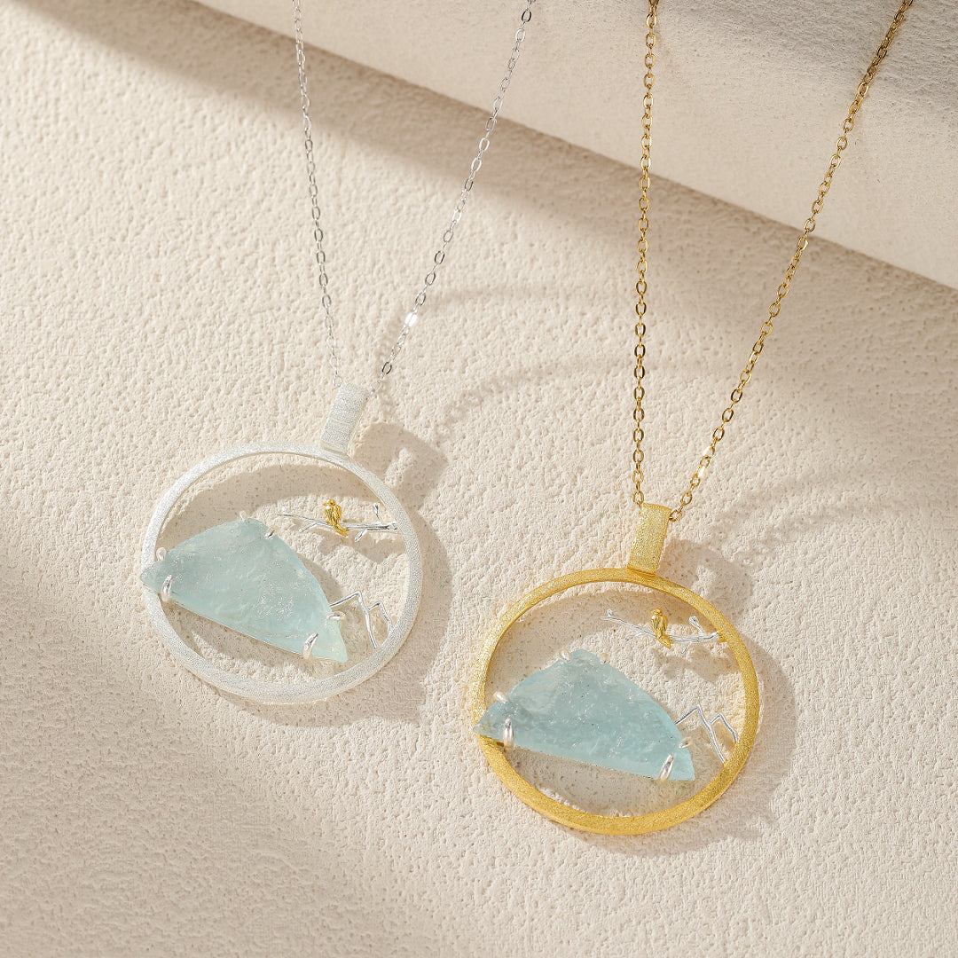 Collier Aigue Marine – Petit Oiseau, Argent Plaqué Or