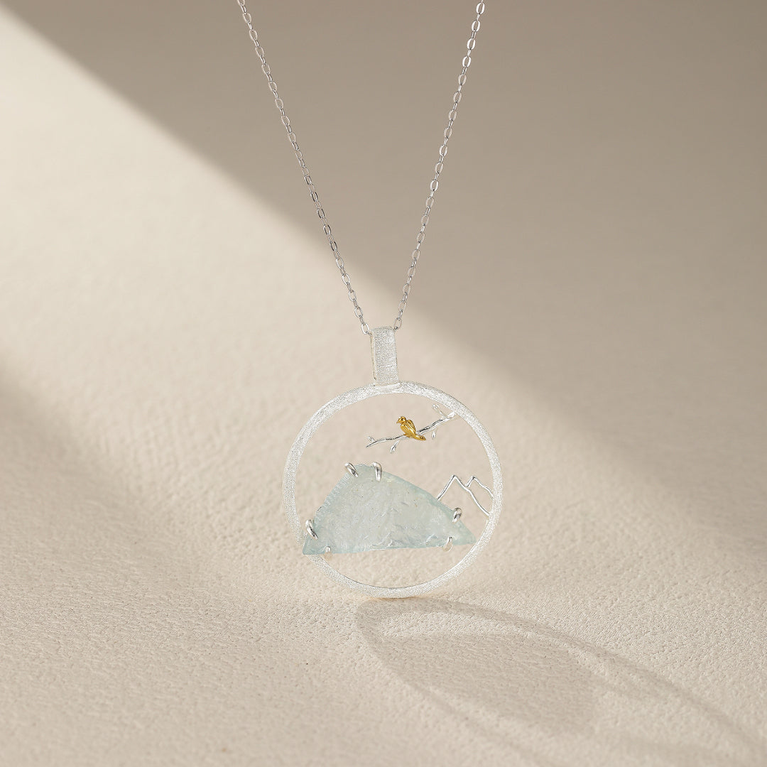 Collier Aigue Marine – Petit Oiseau, Argent Plaqué Or